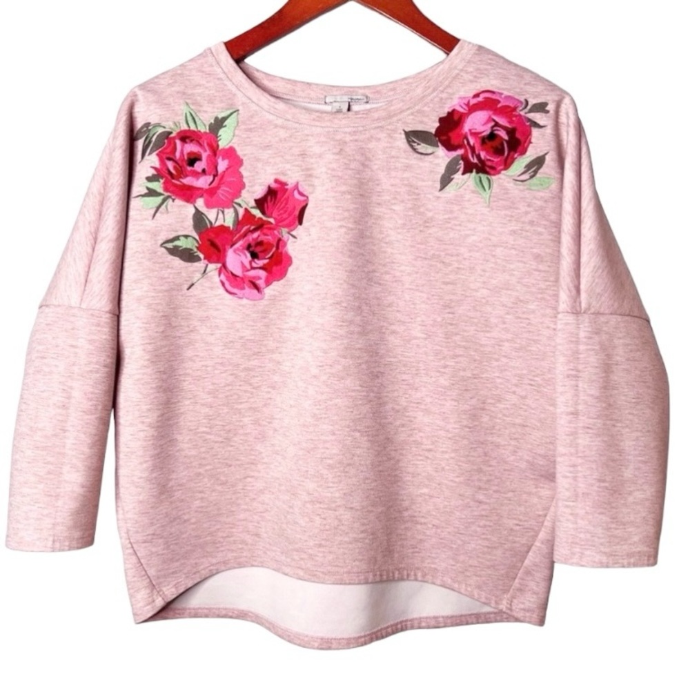 Halogen Oversized Rose Appliqué Sweatshirt S Dolman Sleeve Pink Cottage Coquette